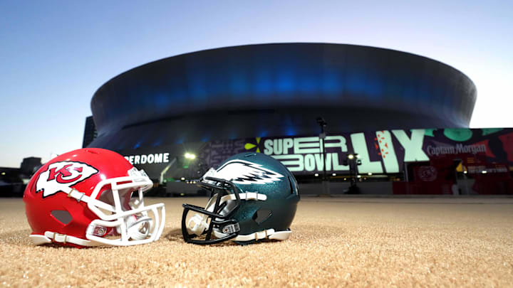 Feb 7, 2025; New Orleans, LA, USA; A general overall view of Kansas City Chiefs and Philadelphia Eagles helmets at the Caesars Superdome, the site of the Super Bowl LIX between the Kansas City Chiefs and the Philadelphia Eagles. Mandatory Credit: Kirby Lee-Imagn Images