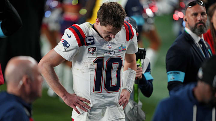 Feb 8, 2026; Santa Clara, CA, USA; New England Patriots quarterback Drake Maye (10) exits the field after the loss against the Seattle Seahawks in Super Bowl LX at Levi's Stadium.