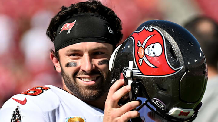 Oct 12, 2025; Tampa, Florida, USA; Tampa Bay Buccaneers quarterback Baker Mayfield (6) Mandatory Credit: Jonathan Dyer-Imagn Images