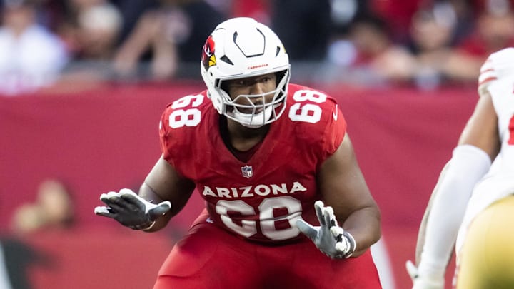 Jan 5, 2025; Glendale, Arizona, USA; Arizona Cardinals offensive tackle Kelvin Beachum (68) against the San Francisco 49ers at State Farm Stadium. Mandatory Credit: Mark J. Rebilas-Imagn Images
