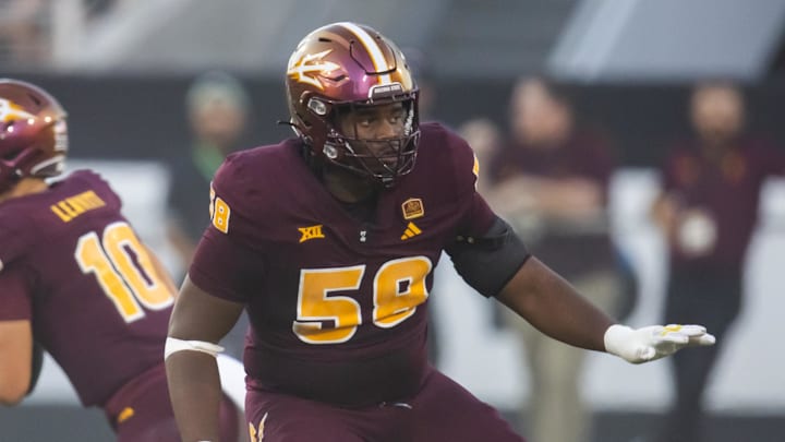 Oct 5, 2024; Tempe, Arizona, USA; Arizona State Sun Devils offensive lineman Max Iheanachor (58) against the Kansas Jayhawks at Mountain America Stadium. Mandatory Credit: Mark J. Rebilas-Imagn Images