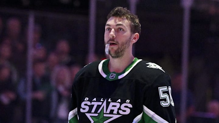 Mar 8, 2026; Dallas, Texas, USA; Dallas Stars left wing Michael Bunting (58) and defenseman Tyler Myers (57) look on before the game against the Chicago Blackhawks at the American Airlines Center. Mandatory Credit: Jerome Miron-Imagn Images