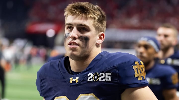 Jan 20, 2025; Atlanta, GA, USA; Notre Dame Fighting Irish linebacker Bodie Kahoun (36) against the Ohio State Buckeyes during the CFP National Championship college football game at Mercedes-Benz Stadium. Mandatory Credit: Mark J. Rebilas-Imagn Images