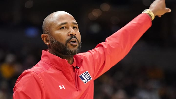 Nov 19, 2023; Columbia, Missouri, USA; Jackson State Tigers head coach Mo Williams reacts to play against the Missouri Tigers during the second half at Mizzou Arena. Mandatory Credit: Denny Medley-Imagn Images