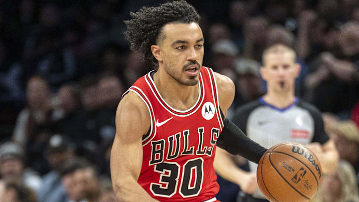 Jan 22, 2026; Minneapolis, Minnesota, USA; Chicago Bulls guard Tre Jones (30) dribbles the ball against the Minnesota Timberwolves in the second half at Target Center. Mandatory Credit: Jesse Johnson-Imagn Images