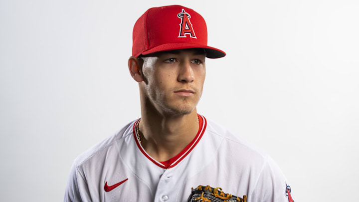 Feb 21, 2023; Tempe, AZ, USA; Los Angeles Angels pitcher Coleman Crow poses for a portrait during photo day at the teams practice facility. Mandatory Credit: Mark J. Rebilas-Imagn Images