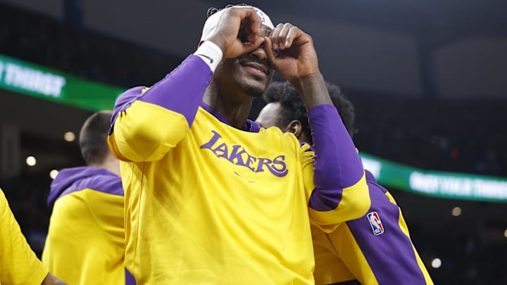 Apr 6, 2025; Oklahoma City, Oklahoma, USA; Los Angeles Lakers forward Jarred Vanderbilt (2) gestures after his team scores against the Oklahoma City Thunder during the second quarter at Paycom Center. Mandatory Credit: Alonzo Adams-Imagn Images