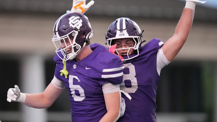 Sevier County's Parker Newman (6) and Jaxson Perry (8) celebrate after Perry scored a touchdown in a TSSAA high school football game against Farragut on August 23, 2025, at Carson-Newman University's Burke–Tarr Stadium in Jefferson City, Tennessee.