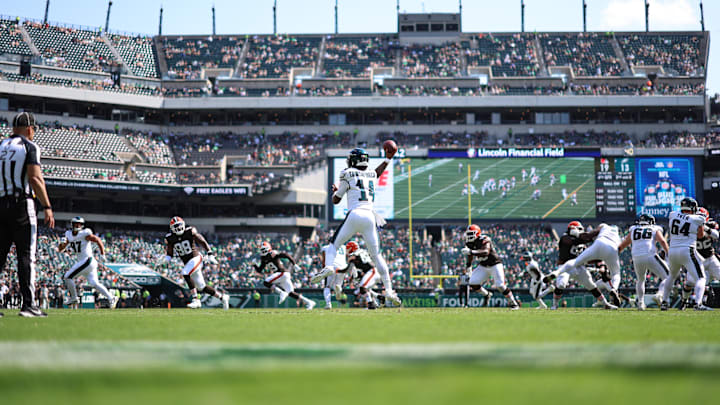 Aug 16, 2025; Philadelphia, Pennsylvania, USA; General view as Philadelphia Eagles quarterback Dorian Thompson-Robinson (14) drops back to pass against the Cleveland Browns during the fourth quarter at Lincoln Financial Field. 