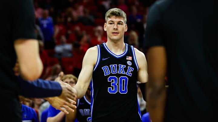 Mar 4, 2024; Raleigh, North Carolina, USA;  Duke Blue Devils center Kyle Filipowski (30) walks out