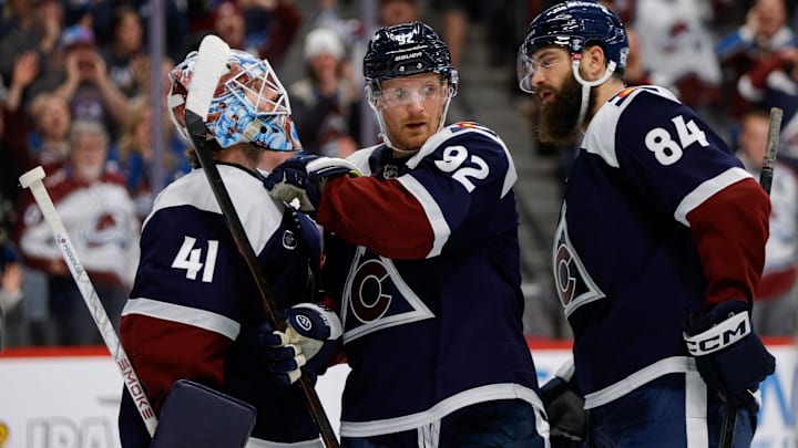 Dec 23, 2025; Denver, Colorado, USA; Colorado Avalanche left wing Gabriel Landeskog (92) celebrates with goaltender Scott Wedgewood (41) and defenseman Brent Burns (84) after the game against the Utah Mammoth at Ball Arena. Mandatory Credit: Isaiah J. Downing-Imagn Images Dec 23, 2025; Denver, Colorado, USA; Colorado Avalanche left wing Gabriel Landeskog (92) celebrates with goaltender Scott Wedgewood (41) and defenseman Brent Burns (84) after the game against the Utah Mammoth at Ball Arena. Mandatory Credit: Isaiah J. Downing-Imagn Images