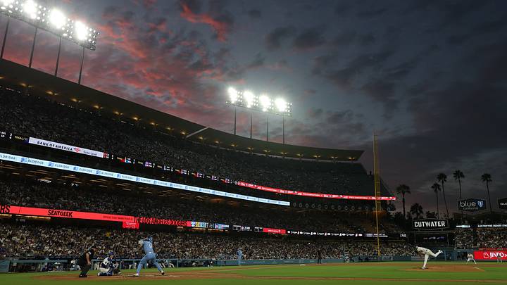 Aug 12, 2026; Los Angeles, California, USA; General view as Los Angeles Dodgers pitcher Eric Lauer (33) pitches against Kansas City Royals right fielder Jac Caglianone (14) in the third inning at Dodger Stadium. Mandatory Credit: Kiyoshi Mio-Imagn Images Aug 12, 2026; Los Angeles, California, USA; General view as Los Angeles Dodgers pitcher Eric Lauer (33) pitches against Kansas City Royals right fielder Jac Caglianone (14) in the third inning at Dodger Stadium. Mandatory Credit: Kiyoshi Mio-Imagn Images
