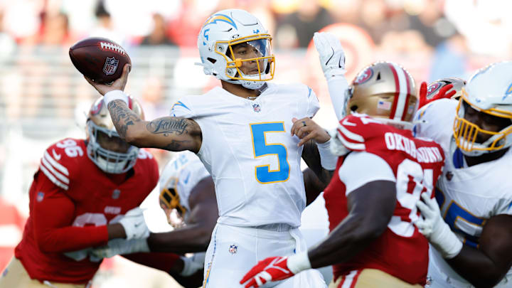 Los Angeles Chargers QB Trey Lance drops back to pass against the San Francisco 49ers at Levi's Stadium.