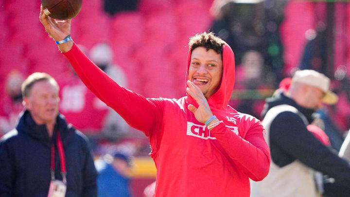 Kansas City Chiefs quarterback Patrick Mahomes (15) warms up against the Las Vegas Raiders prior to a game at GEHA Field at Arrowhead Stadium.