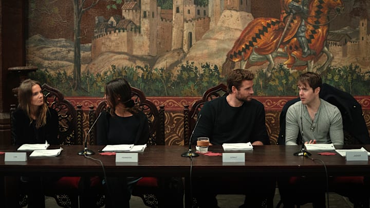 (L-R) Freya Allan, Anya Chalotra, Liam Hemsworth, and Joey Batey at The Witcher season 4 table read, shared by Netflix