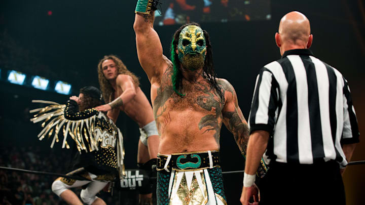 Luchasaurus, Jungle Boy and Marko Stunt take on SCU at AEW All Out on August 31, 2019. Photo credit: Ricky Havlik for AEW