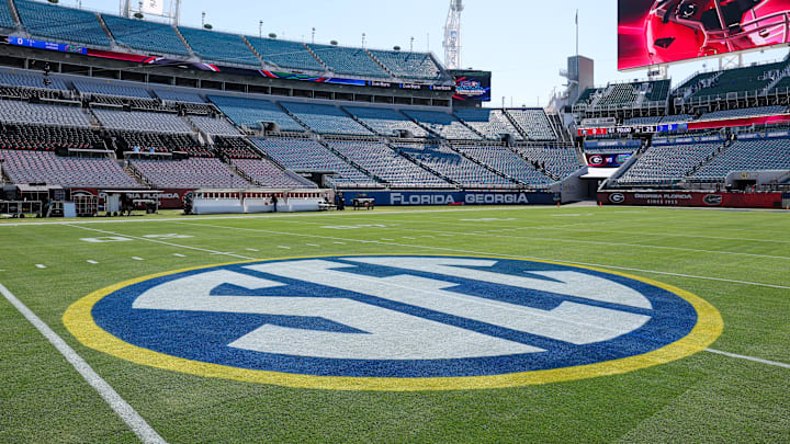 Nov 1, 2025; Jacksonville, Florida, USA;  A general view of  the SEC logo at EverBank Stadium before the game between the Georgia Bulldogs and Florida Gators. Mandatory Credit: Matt Pendleton-Imagn Images