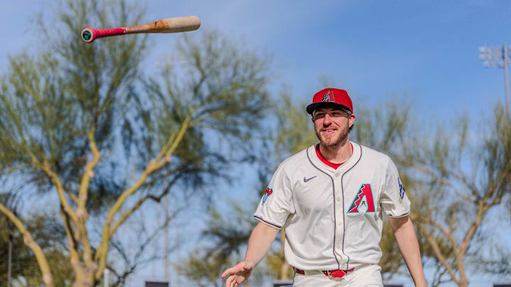 Feb 19, 2025; Scottsdale, AZ, USA; Arizona Diamondbacks outfielder A.J. Vukovich (85) poses for a portrait for MLB Media Day at Salt River Fields.  Mandatory Credit: Allan Henry-Imagn Images