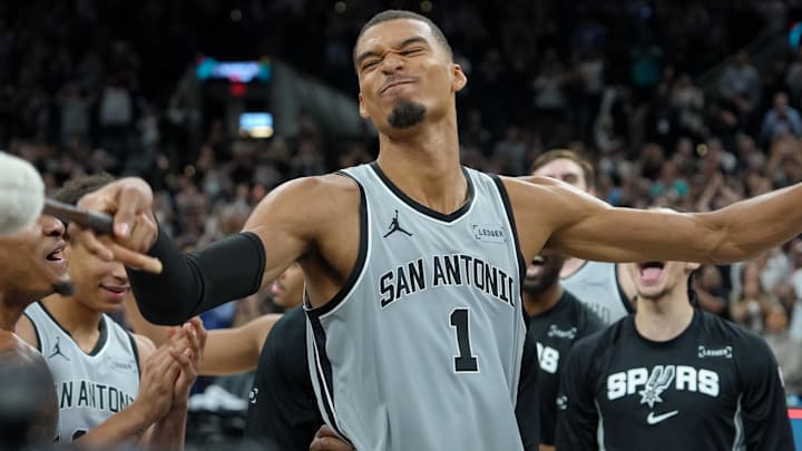 Mar 19, 2026; San Antonio, Texas, USA; San Antonio Spurs forward Victor Wembanyama (1) celebrates after the game against the Phoenix Suns at Frost Bank Center. Mandatory Credit: Daniel Dunn-Imagn Images Mar 19, 2026; San Antonio, Texas, USA; San Antonio Spurs forward Victor Wembanyama (1) celebrates after the game against the Phoenix Suns at Frost Bank Center. Mandatory Credit: Daniel Dunn-Imagn Images