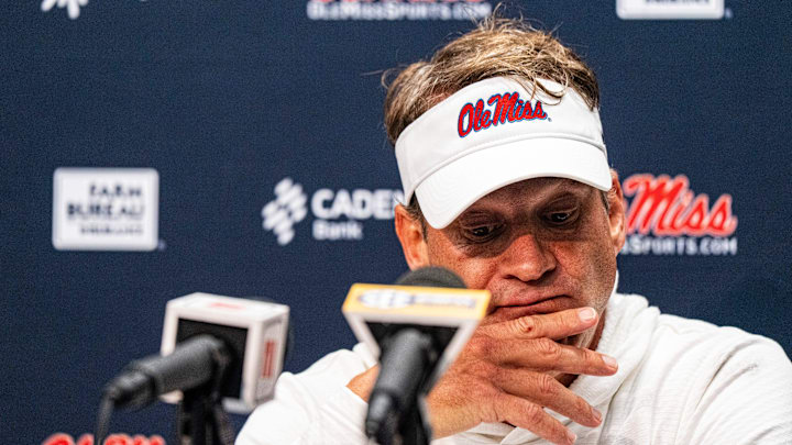 Ole Miss head coach Lane Kiffin answers questions from the press after a college football game between Mississippi State and Ole Miss at Davis Wade Stadium in Starkville, Miss., on Friday, Nov. 28, 2025. Ole Miss defeated Mississippi State 38-19 in the Egg Bowl.