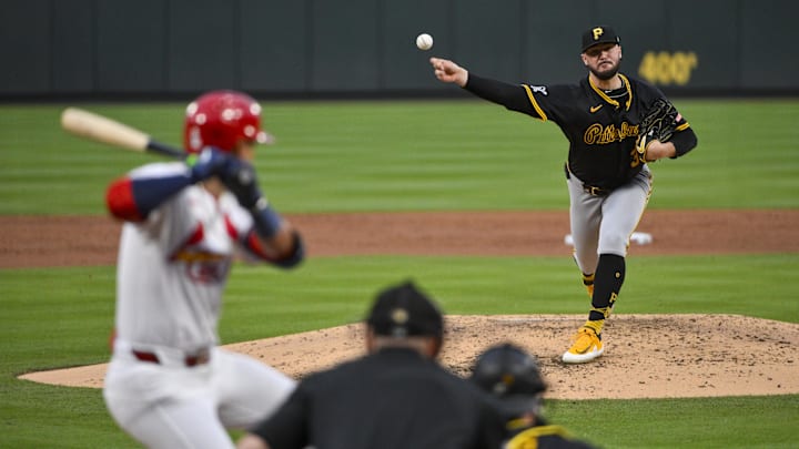 May 6, 2025; St. Louis, Missouri, USA; Pittsburgh Pirates starting pitcher Paul Skenes (30) pitches against St. Louis Cardinals shortstop Masyn Winn (0) during the third inning at Busch Stadium. Mandatory Credit: Jeff Curry-Imagn Images May 6, 2025; St. Louis, Missouri, USA; Pittsburgh Pirates starting pitcher Paul Skenes (30) pitches against St. Louis Cardinals shortstop Masyn Winn (0) during the third inning at Busch Stadium. Mandatory Credit: Jeff Curry-Imagn Images
