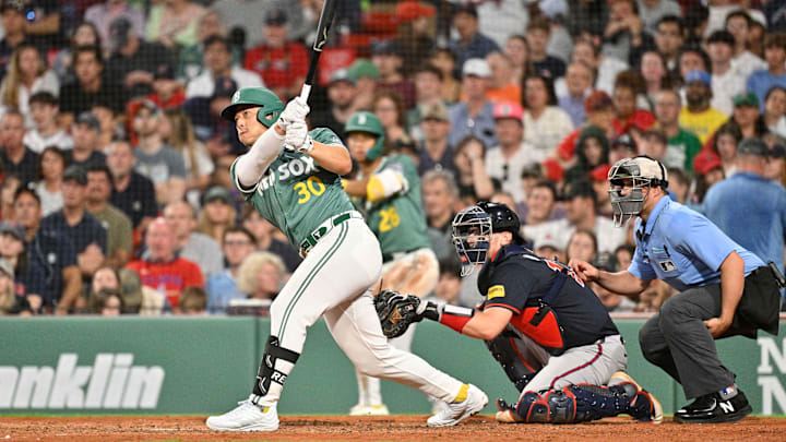 May 16, 2025; Boston, Massachusetts, USA; Boston Red Sox right fielder Rob Refsnyder (30) hits a home run against the Atlanta Braves during the seventh inning at Fenway Park. Mandatory Credit: Eric Canha-Imagn Images May 16, 2025; Boston, Massachusetts, USA; Boston Red Sox right fielder Rob Refsnyder (30) hits a home run against the Atlanta Braves during the seventh inning at Fenway Park. Mandatory Credit: Eric Canha-Imagn Images