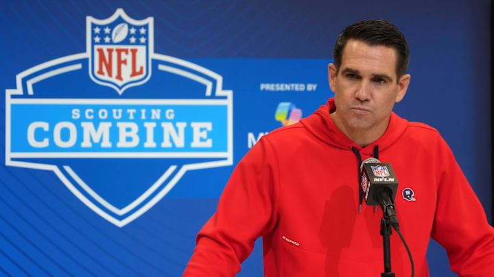 Feb 25, 2025; Indianapolis, IN, USA; New York Giants general manager Joe Schoen speaks during the NFL Scouting Combine at the Indiana Convention Center.  