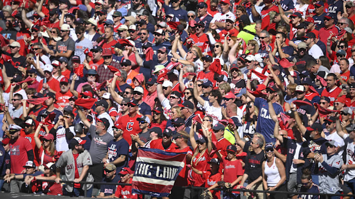 Oct 5, 2024; Cleveland, OH, USA; Cleveland Guardians fans cheer against the Detroit Tigers in the first inning  in game one of the ALDS for the 2024 MLB Playoffs at Progressive Field. Mandatory Credit: David Richard-Imagn Images