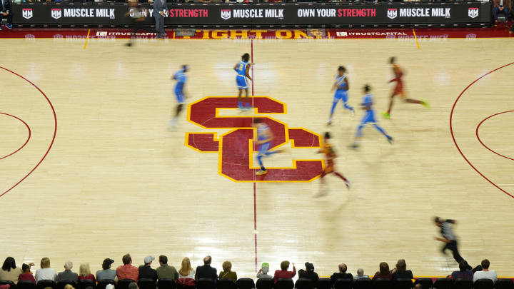 Jan 27, 2024; Los Angeles, California, USA; The SC logo at center court during the game between the Southern California Trojans and the UCLA Bruins at the Galen Center. Mandatory Credit: Kirby Lee-USA TODAY Sports