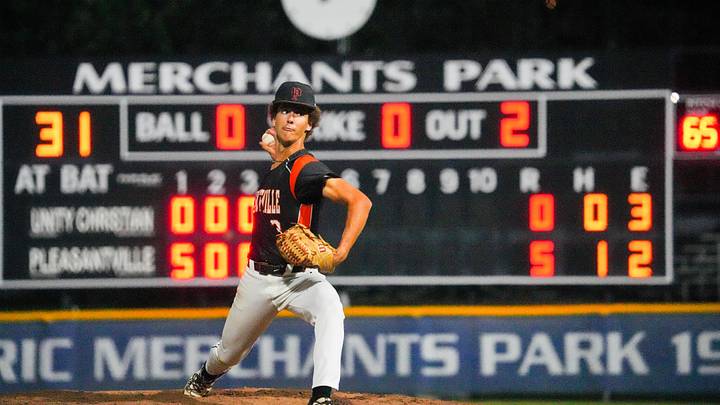 Pleasantville’s Caylor Jones (3) throws a pitch during the 2A high school baseball championship against Unity Christian on July 25, 2025, at Merchant Park in Carroll, Iowa.