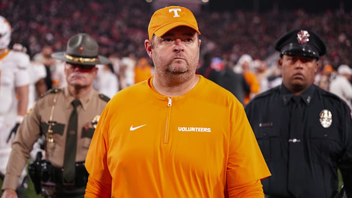 Nov 16, 2024; Athens, Georgia, USA; Tennessee Volunteers head coach Josh Heupel shown walking off the field after the game against the Georgia Bulldogs at Sanford Stadium. Mandatory Credit: Dale Zanine-Imagn Images