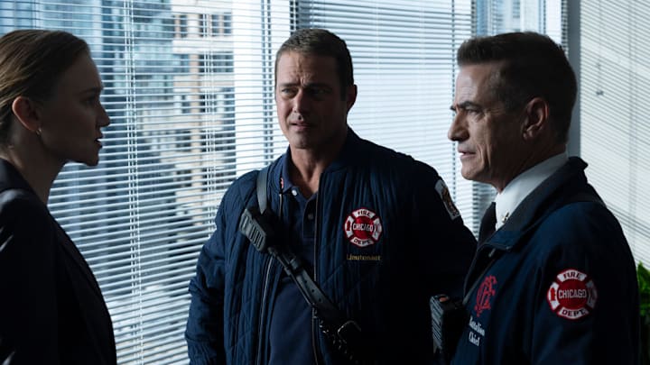 CHICAGO FIRE -- "Untouchable" Episode 13007 -- Pictured: (l-r) Taylor Kinney as Kelly Severide, Dermot Mulroney as Chief Dom Pascal