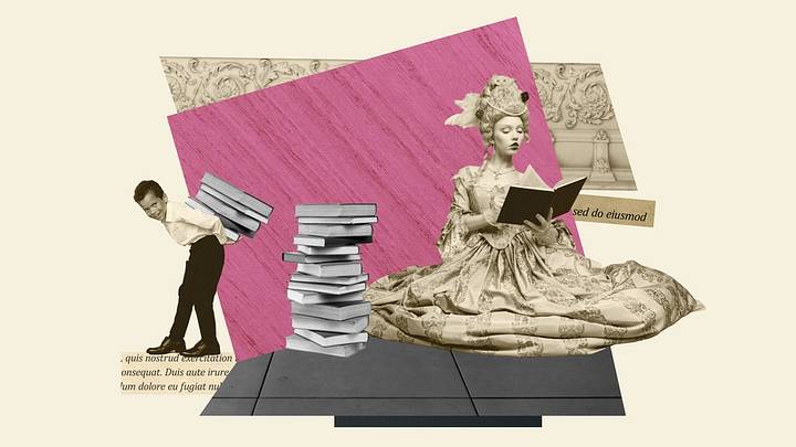 Woman in old fashioned clothing and boy carrying books in vintage collage