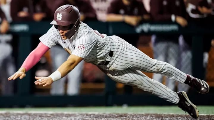 Mississippi State Catcher Joe Powell (#55) during the game between the Ole Miss Rebels and the Mississippi State Bulldogs at Dudy Noble Field at Polk-Dement Stadium in Starkville, MS. 