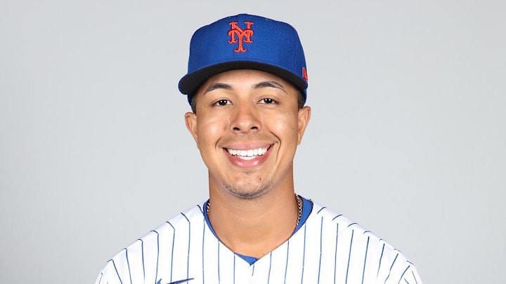Mar 1, 2021; Port St. Lucie, FL, USA; New York Mets Mark Vientos #87 poses during media day at