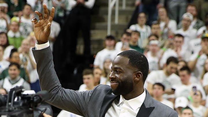 Dec 3, 2019; East Lansing, MI, USA; Michigan State Spartans former player Draymond Green has his jersey retired during half time at Breslin Center. Mandatory Credit: Mike Carter-USA TODAY Sports Dec 3, 2019; East Lansing, MI, USA; Michigan State Spartans former player Draymond Green has his jersey retired during half time at Breslin Center. Mandatory Credit: Mike Carter-USA TODAY Sports