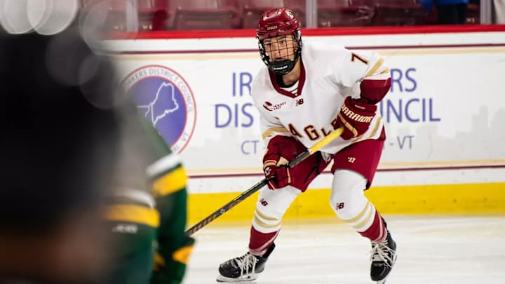 Kate Ham skates in on net during Hockey East quarterfinal against Vermont. Kate Ham skates in on net during Hockey East quarterfinal against Vermont.