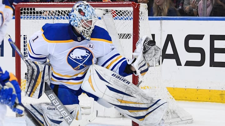 Dec 23, 2023; New York, New York, USA; Buffalo Sabres goaltender Ukko-Pekka Luukkonen (1) makes a