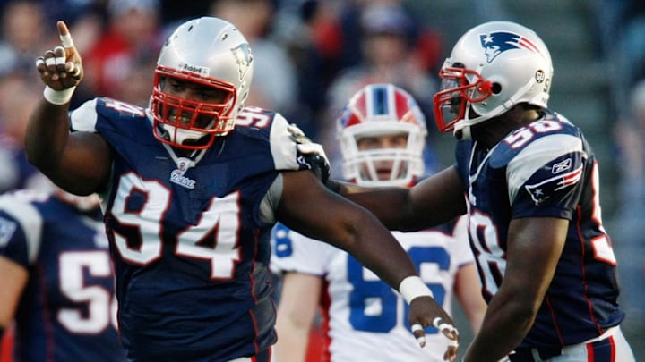 Nov 9, 2008; Foxboro, MA, USA; New England Patriots defensive lineman Ty Warren (94) reacts after sacking Buffalo Bills quarterback Trent Edwards (5) in the fourth quarter at Gillette Stadium. New England defeated Buffalo 20-10. Mandatory Credit: David Butler II-Imagn Images