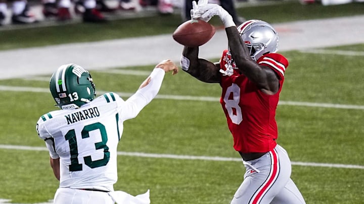 Ohio State Buckeyes linebacker Arvell Reese (8) blocks a pass by Ohio Bobcats quarterback Parker Navarro (13) in the second half at the Ohio Stadium on Saturday, Sept. 13, 2025 in Columbus, Ohio.