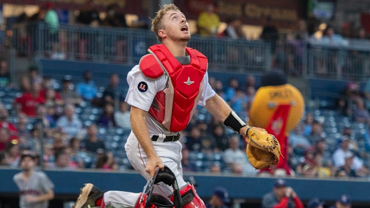 Worcester catcher Kyle Teel chases an infield fly ball against Lehigh Valley at Polar Park in Worcester, Mass. The White Sox acquired him in an offseason trade from the Boston Red Sox.