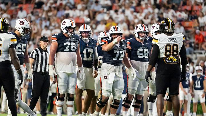 Auburn Tigers offensive line huddles up as Auburn Tigers take on Southern Miss Golden Eagles at Jordan-Hare Stadium in Auburn, Ala. on Saturday, Sept. 12, 2026. Auburn Tigers defeated Southern Miss Golden Eagles 43-8. Auburn Tigers offensive line huddles up as Auburn Tigers take on Southern Miss Golden Eagles at Jordan-Hare Stadium in Auburn, Ala. on Saturday, Sept. 12, 2026. Auburn Tigers defeated Southern Miss Golden Eagles 43-8.