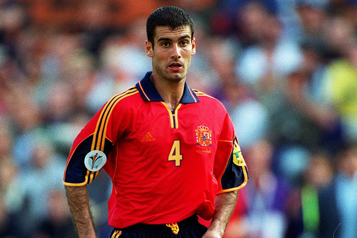 Pep Guardiola in action for Spain