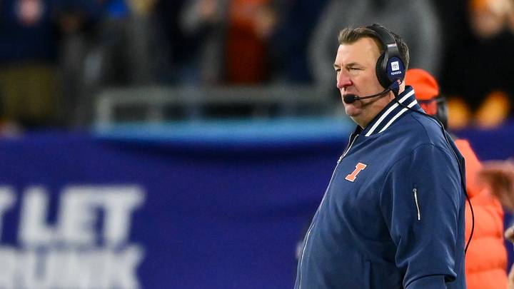 Dec 30, 2025; Nashville, TN, USA;  Illinois Fighting Illini head coach Bret Bielema watches against the Tennessee Volunteers during the second half at Nissan Stadium. Mandatory Credit: Steve Roberts-Imagn Images