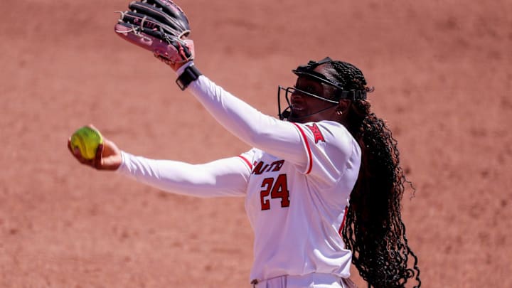 Texas Tech's NiJaree Canady pitches against BYU during a Big 12 Conference softball game, Saturday, April 4, 2026, at Tracy Sellers Field.