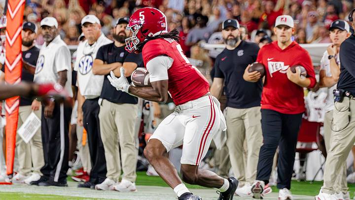 Alabama wide receiver Noah Rogers makes a catch in the first half of the game against South Carolina on Sept 26, 2026.