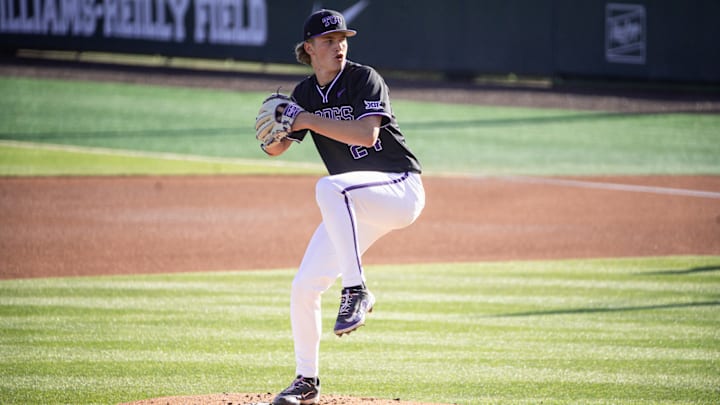April 15, 2025: TCU's Trever Baumler on the mound against DBU.