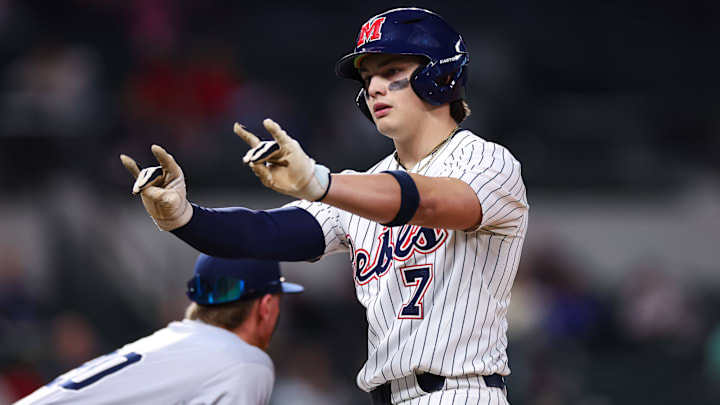 Ole Miss Rebels third baseman Luke Hill during the Rebels' 2-1 win over Arizona on Feb. 14, 2025 at Globe Life Field in Arlington, Texas.