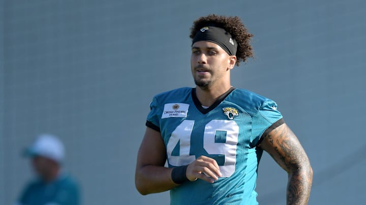 Jacksonville Jaguars tight end Shawn Bowman (49) warms up at the start of the fifth day of the NFL football training camp practice session Monday, July 29, 2024 at EverBank Stadium's Miller Electric Center in Jacksonville, Fla..