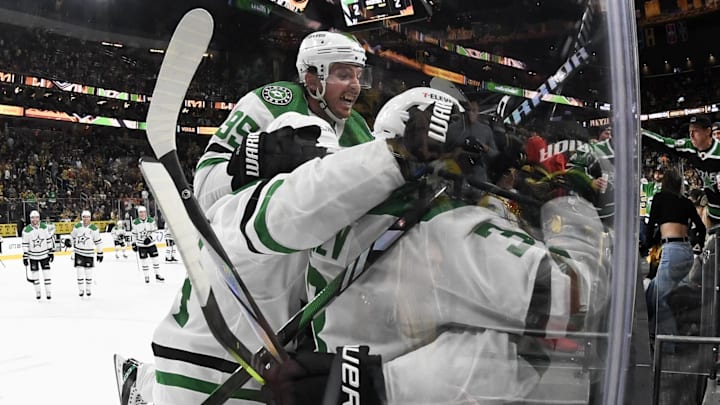 Apr 27, 2024; Las Vegas, Nevada, USA; Dallas Stars center Matt Duchene (95) celebrates Dallas Stars